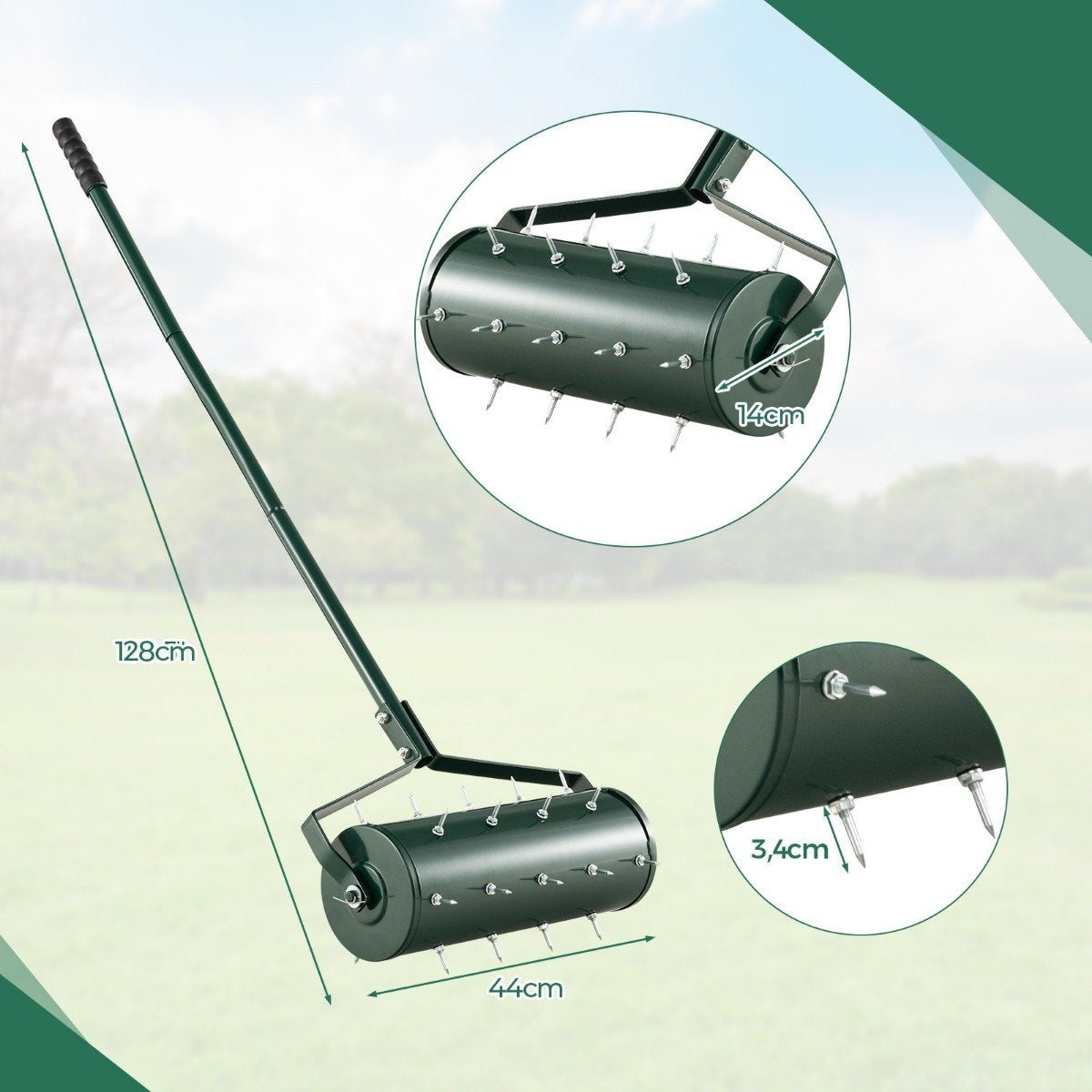 Manual Lawn Aerator Roller – 44x128 cm, 27 Spikes, Ergonomic Handle