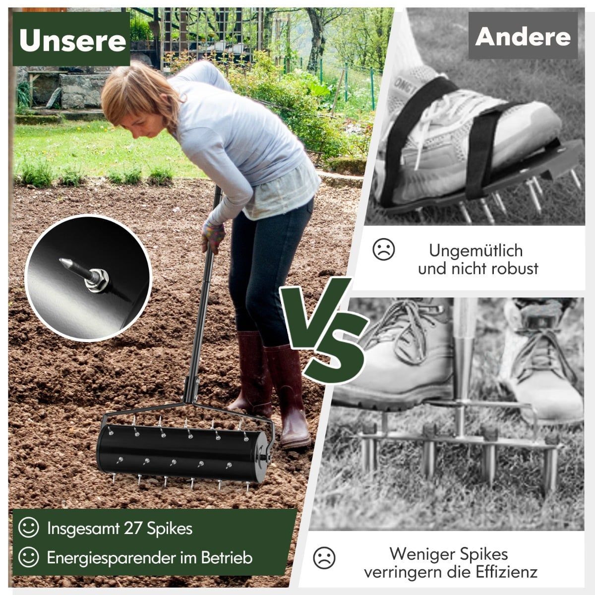 Manual Lawn Aerator Roller with 33 Spikes, 52x130 cm