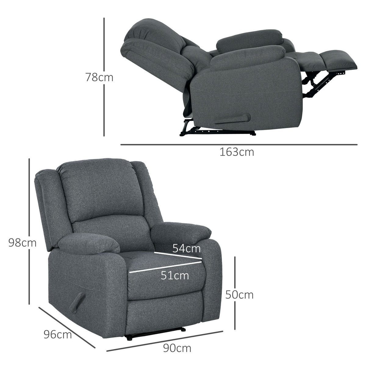 Manual relaxation chair, can hold up to 150 kg, TV chair with reclining function, linen look, TV chair with side handle, footrest