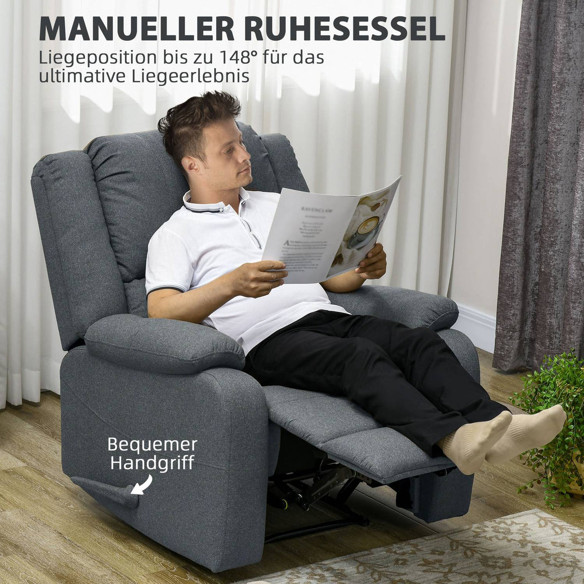 Manual relaxation chair, can hold up to 150 kg, TV chair with reclining function, linen look, TV chair with side handle, footrest