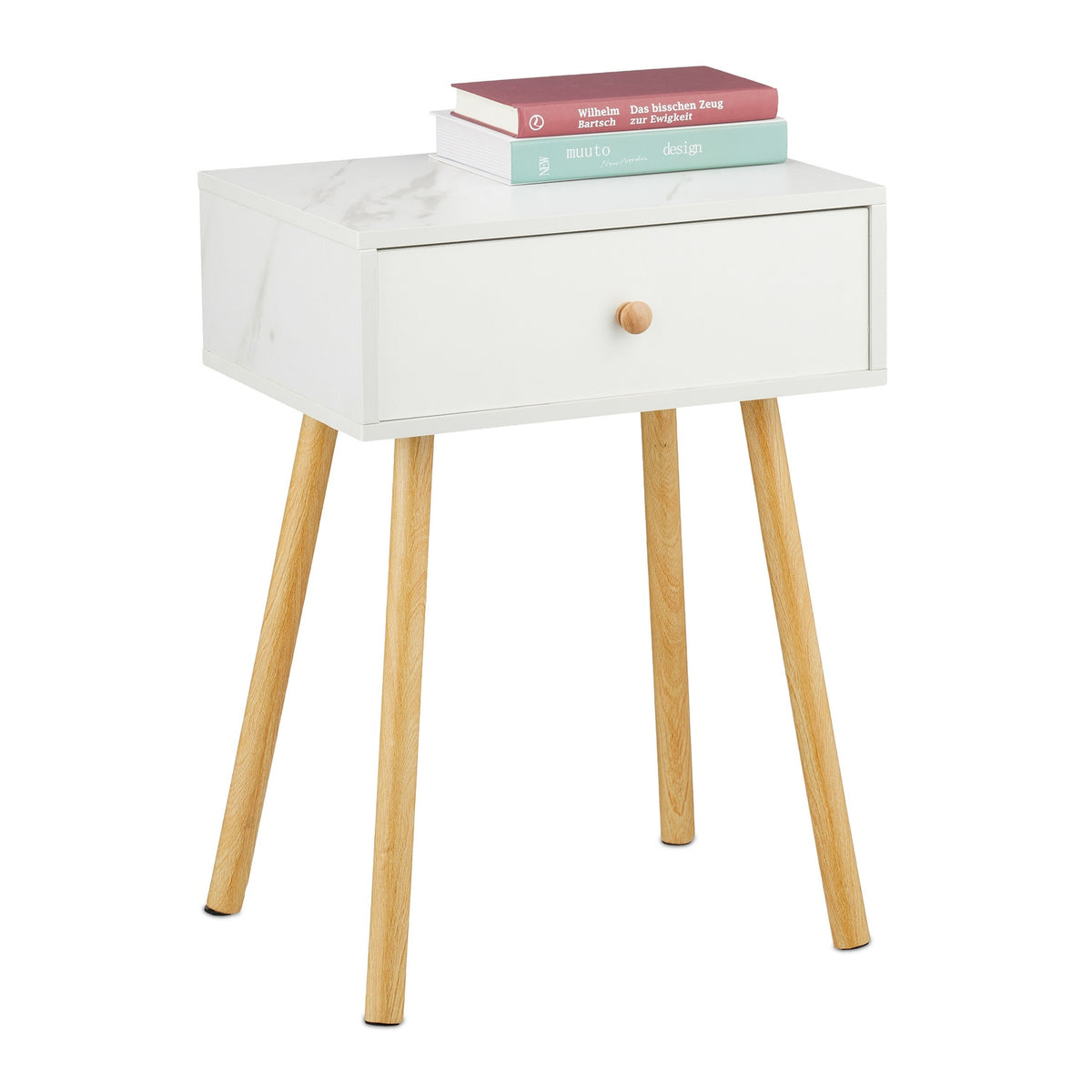Marble Effect Bedside Table with Drawer Storage