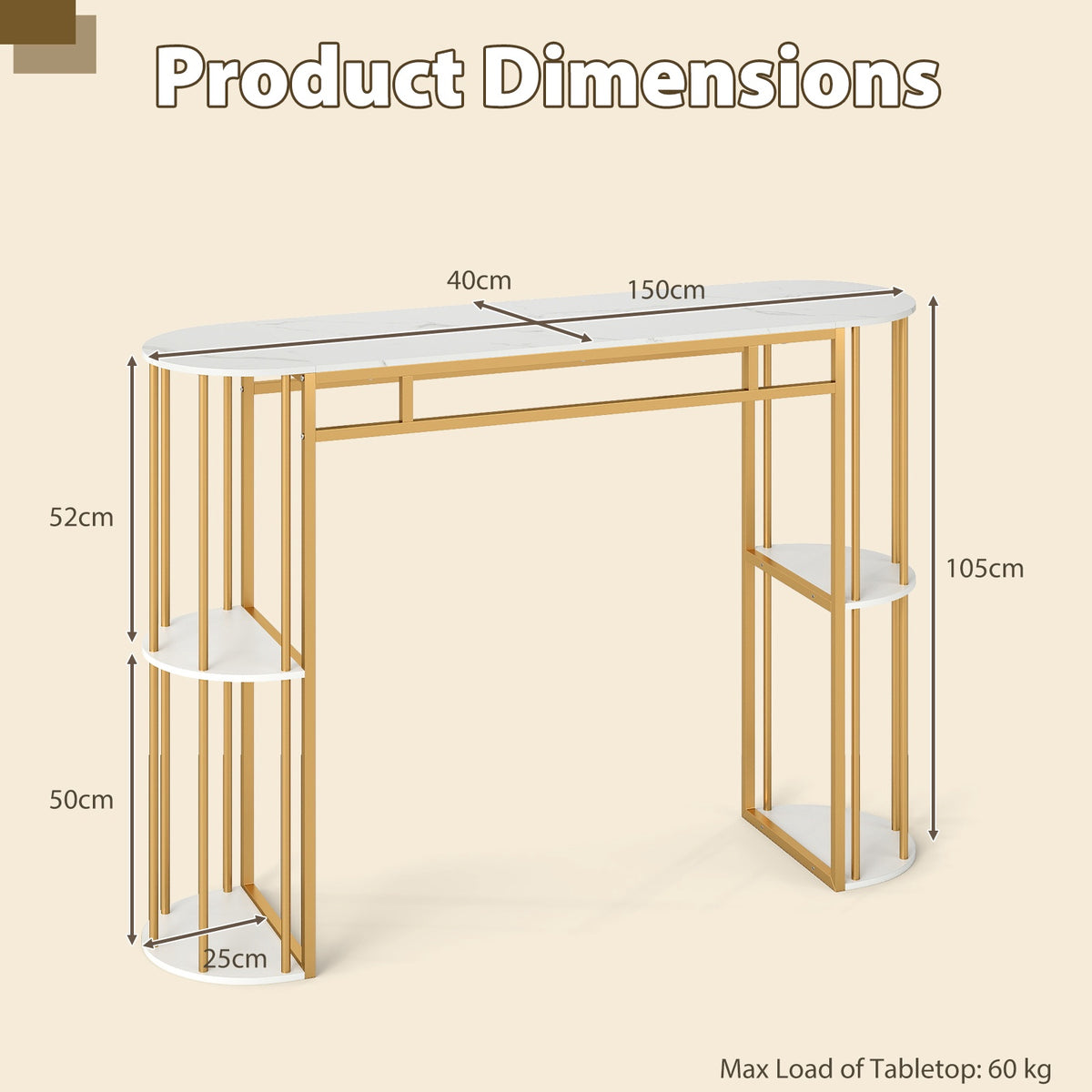 Marble-Look Bar Table, 150cm, Gold Frame, 4 Shelves