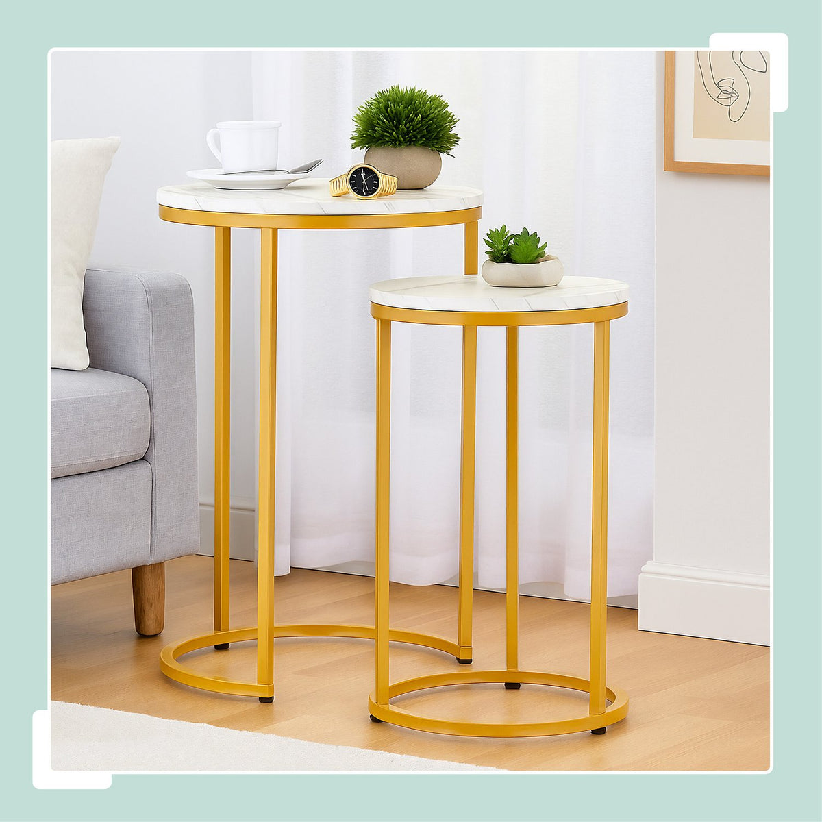 Marble Look Nesting Tables, Set of 2, Metal Legs
