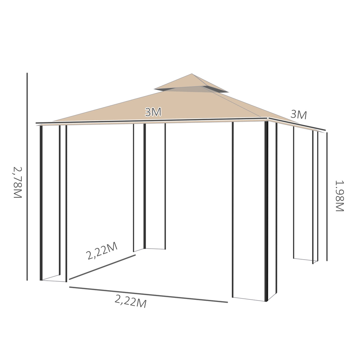 Marquee 3X3M Party Tent Weatherproof 4 Shelves Metal Polyester Beige