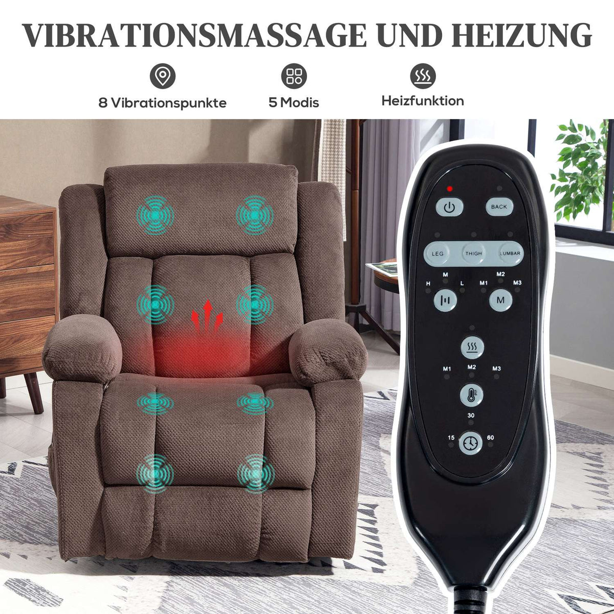 Massage Chair, 8 Vibration Points, 5 Modes, Heated, Brown