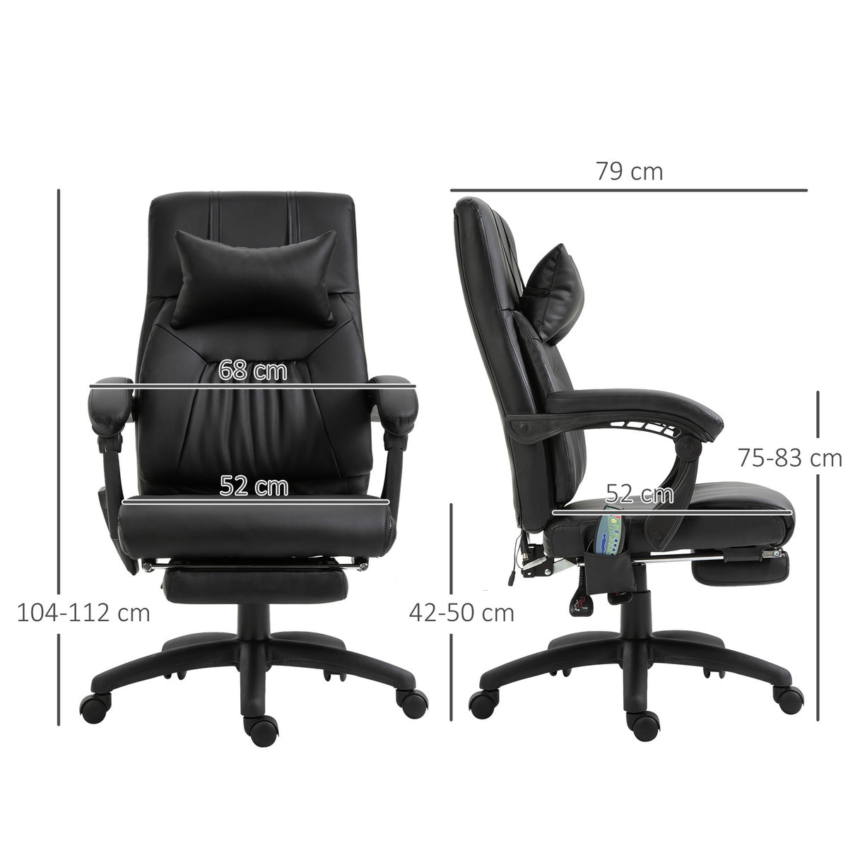 Massage Chair, Executive Chair, Swivel Chair With 7 Massage Points, Height-Adjustable Footrest, Headrest, Pvc, Black, 68 X 79 X 104-112 Cm