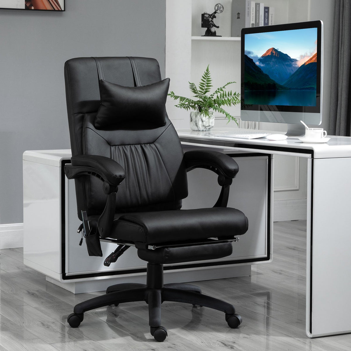 Massage Chair, Executive Chair, Swivel Chair With 7 Massage Points, Height-Adjustable Footrest, Headrest, Pvc, Black, 68 X 79 X 104-112 Cm