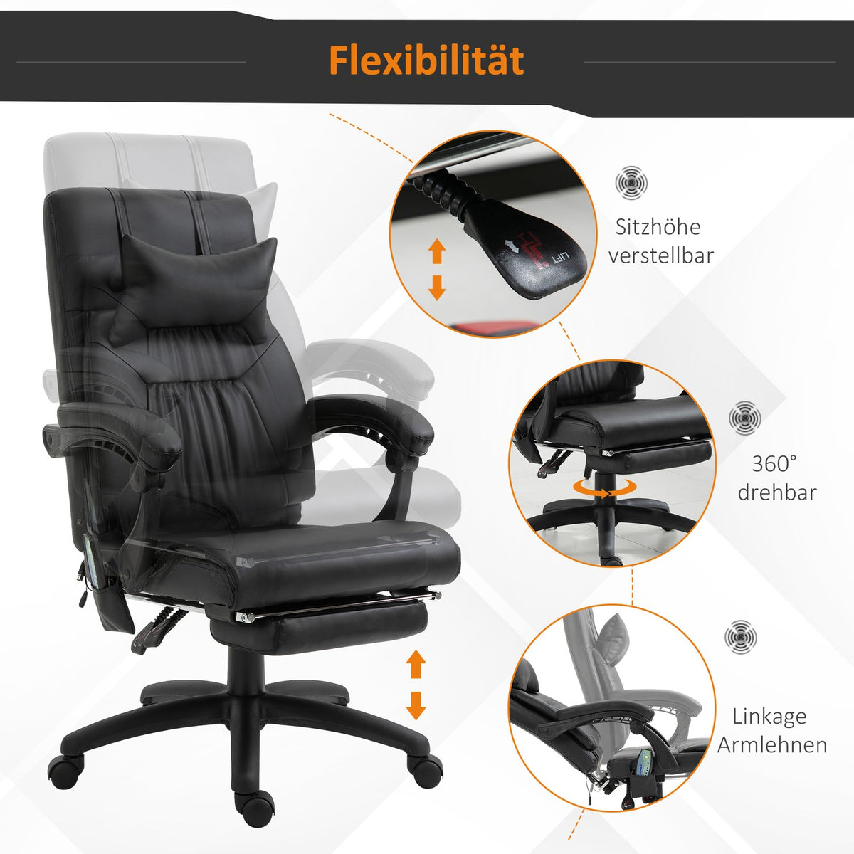 Massage Chair, Executive Chair, Swivel Chair With 7 Massage Points, Height-Adjustable Footrest, Headrest, Pvc, Black, 68 X 79 X 104-112 Cm