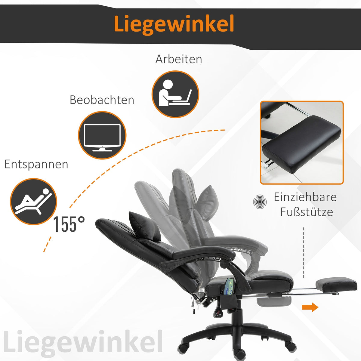 Massage Chair, Executive Chair, Swivel Chair With 7 Massage Points, Height-Adjustable Footrest, Headrest, Pvc, Black, 68 X 79 X 104-112 Cm