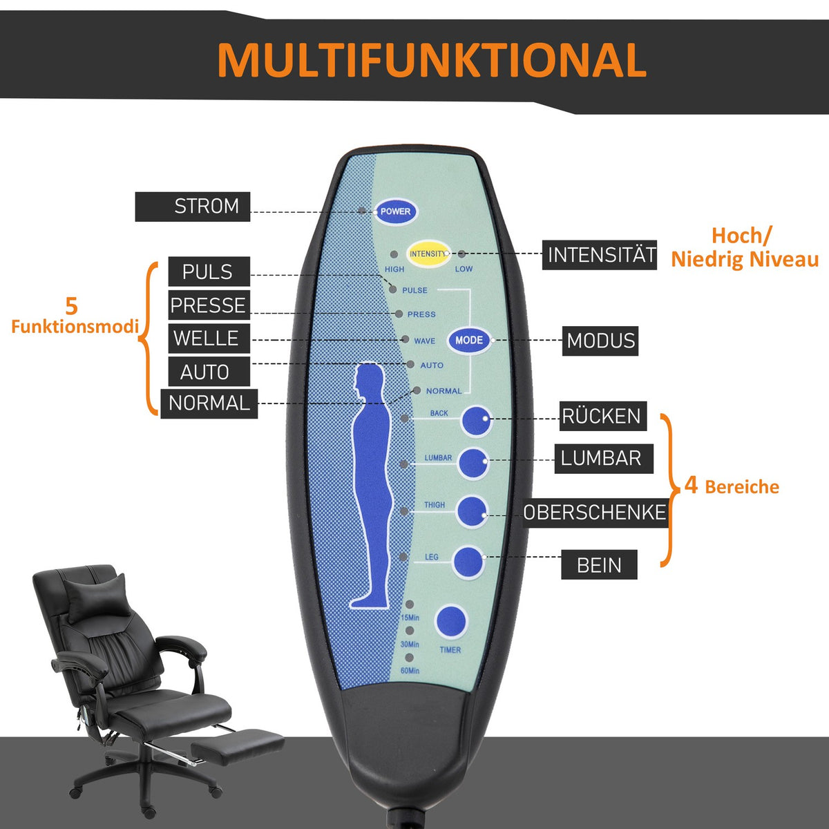 Massage Chair, Executive Chair, Swivel Chair With 7 Massage Points, Height-Adjustable Footrest, Headrest, Pvc, Black, 68 X 79 X 104-112 Cm