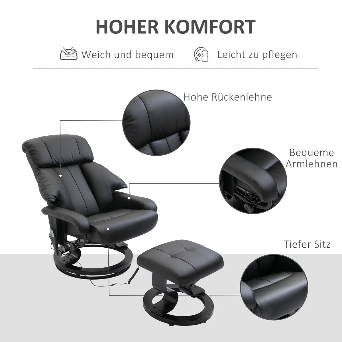 Massage Chair Footstool Black Relaxation Chair Electric Tv Chair With Reclining Function Faux Leather