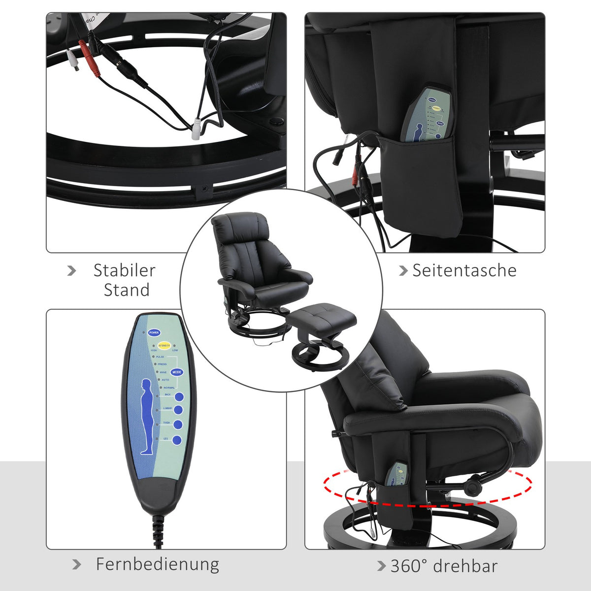 Massage Chair Footstool Black Relaxation Chair Electric Tv Chair With Reclining Function Faux Leather
