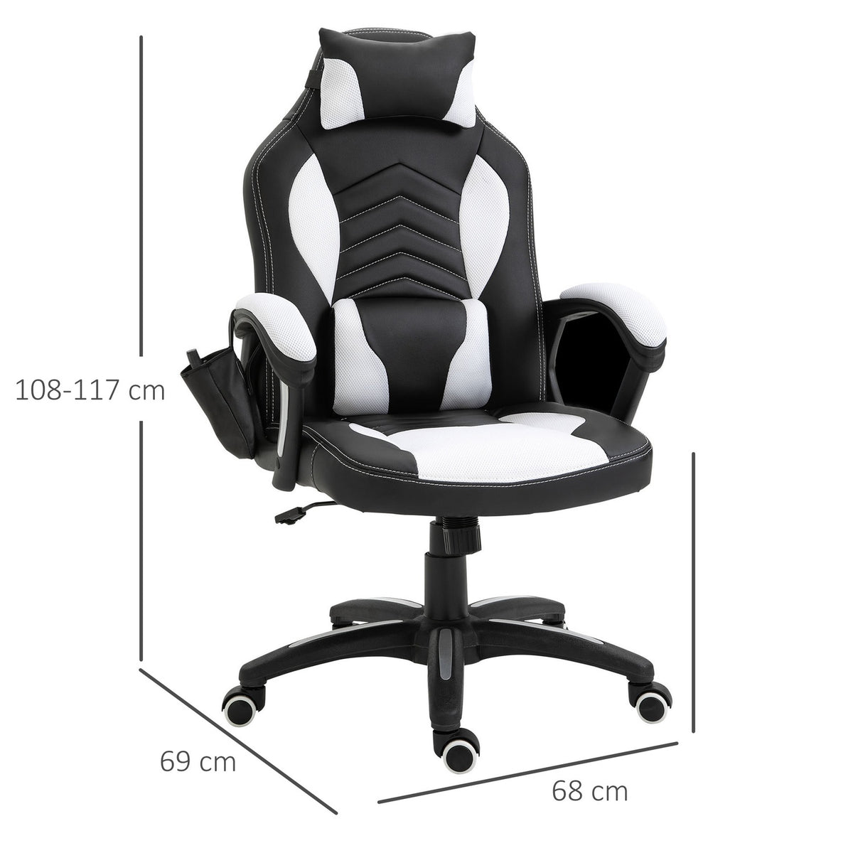 Massage Chair Gaming Chair Office Chair With Heat Function, 6 Vibration Points, Massage Function, Pu, Black + White, 68X69X108-117Cm