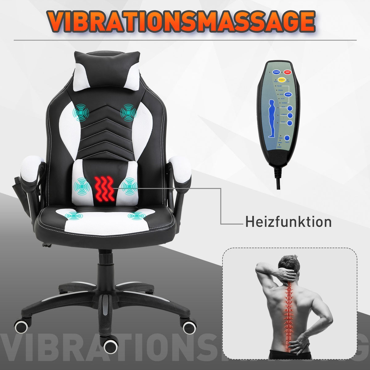 Massage Chair Gaming Chair Office Chair With Heat Function, 6 Vibration Points, Massage Function, Pu, Black + White, 68X69X108-117Cm