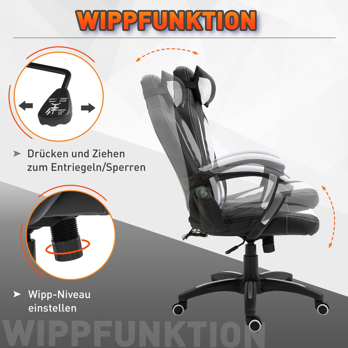 Massage Chair Gaming Chair Office Chair With Heat Function, 6 Vibration Points, Massage Function, Pu, Black + White, 68X69X108-117Cm