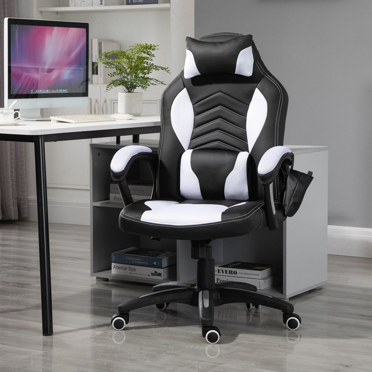 Massage Chair Gaming Chair Office Chair With Heat Function, 6 Vibration Points, Massage Function, Pu, Black + White, 68X69X108-117Cm