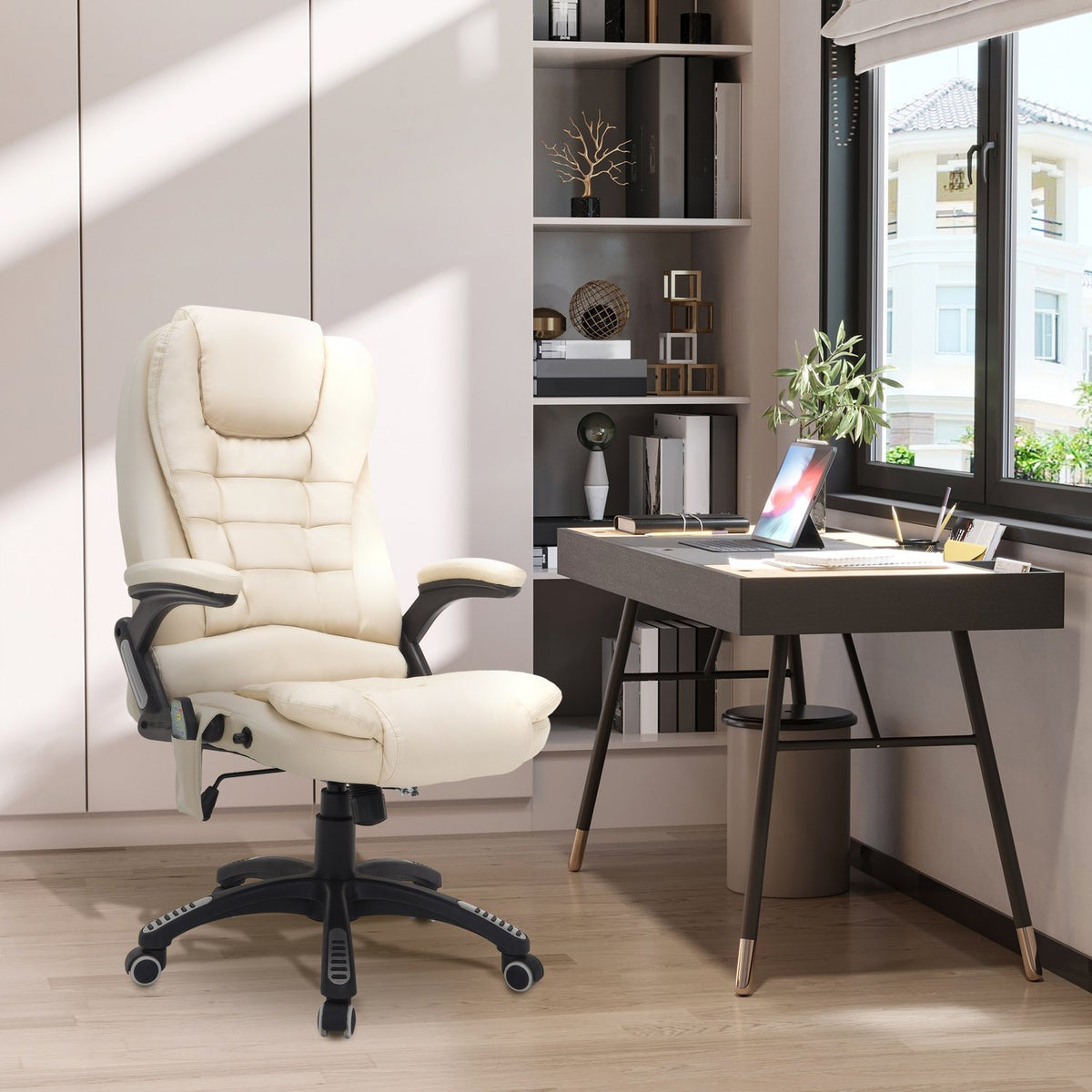 Massage Chair, Office Chair, Executive Chair With 6-Point Vibration Massage And Heat Function, Faux Leather, Rotatable, Beige