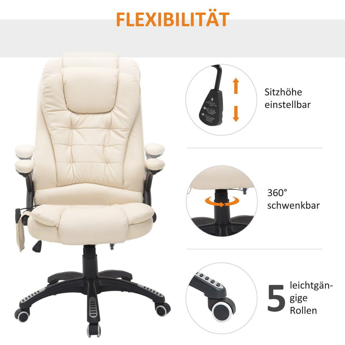 Massage Chair, Office Chair, Executive Chair With 6-Point Vibration Massage And Heat Function, Faux Leather, Rotatable, Beige