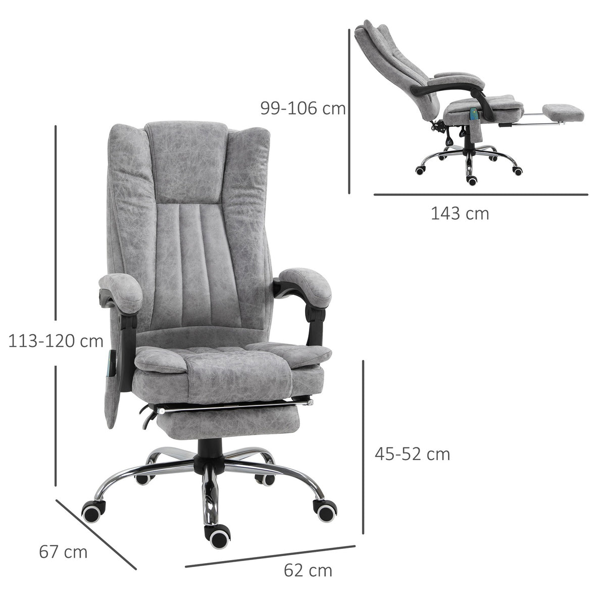 Massage Chair Office Chair Massage Chair Heating Function Reclining Function Massage Function Footrest Thick Padding Gray 62 X 67 X 113-120 Cm