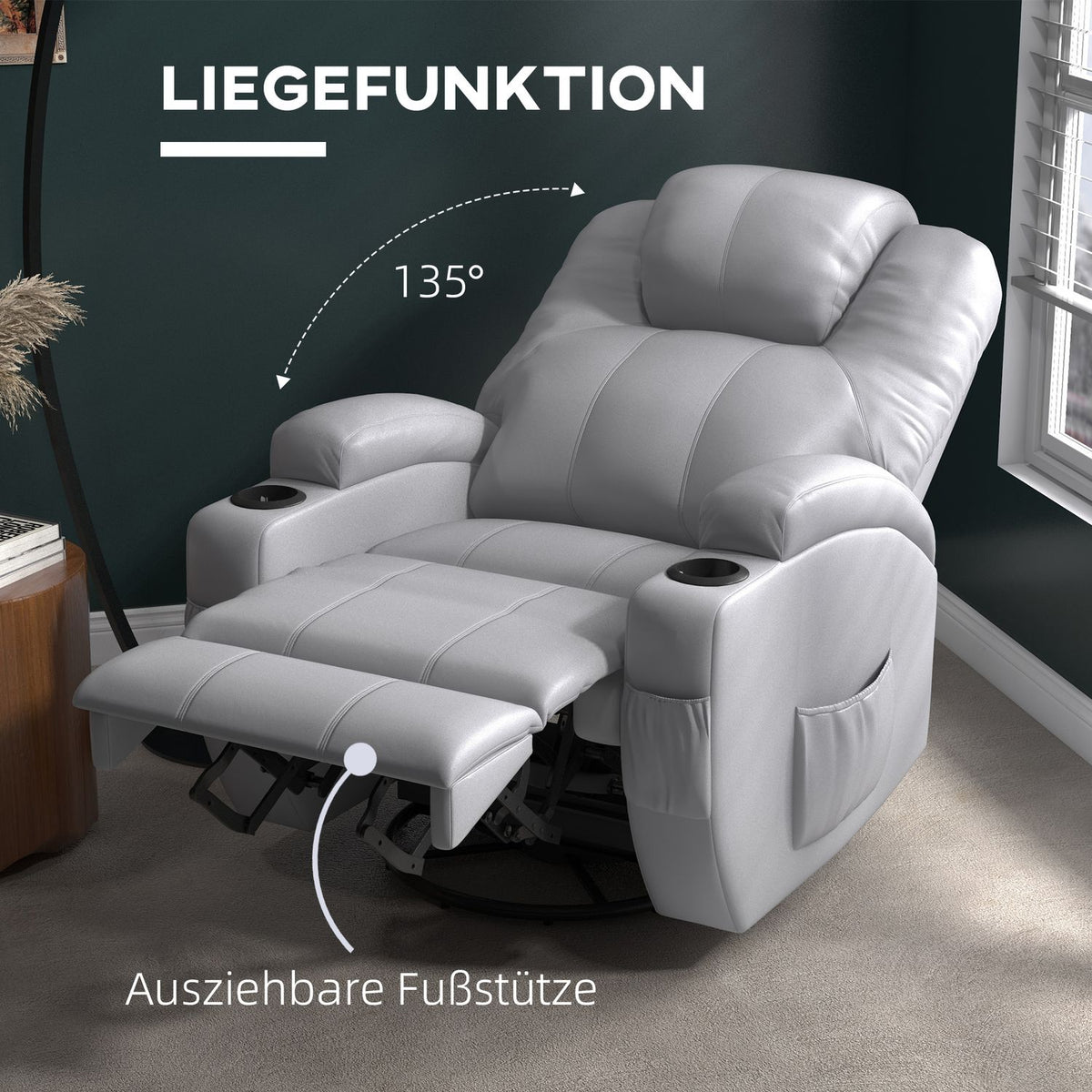 Massage Chair, Relaxation Chair With Rocker Function, Recliner With Remote Control, Rotating Tv Chair With Reclining Function, Massage Function, Faux Leather, Gray
