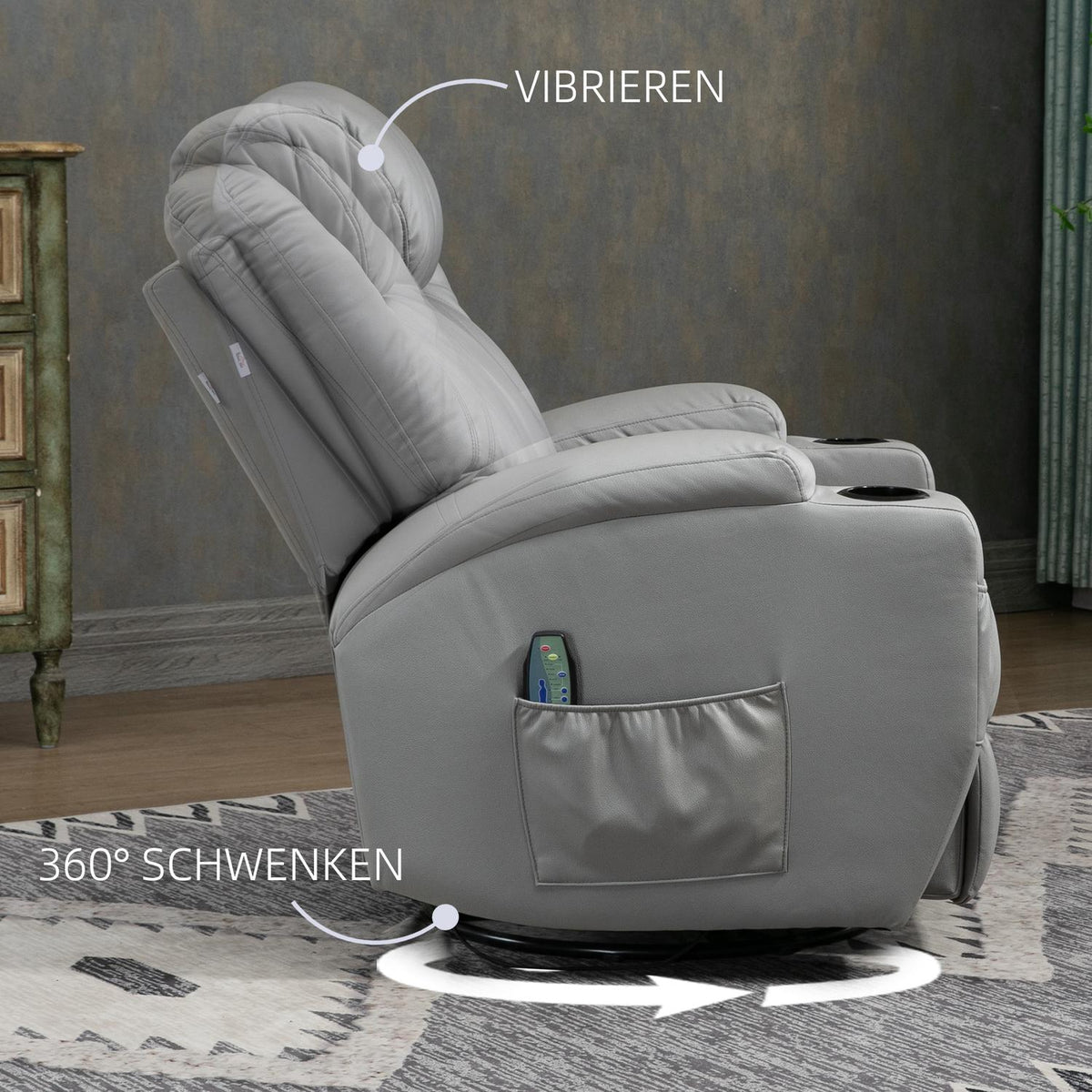 Massage Chair, Relaxation Chair With Rocker Function, Recliner With Remote Control, Rotating Tv Chair With Reclining Function, Massage Function, Faux Leather, Gray