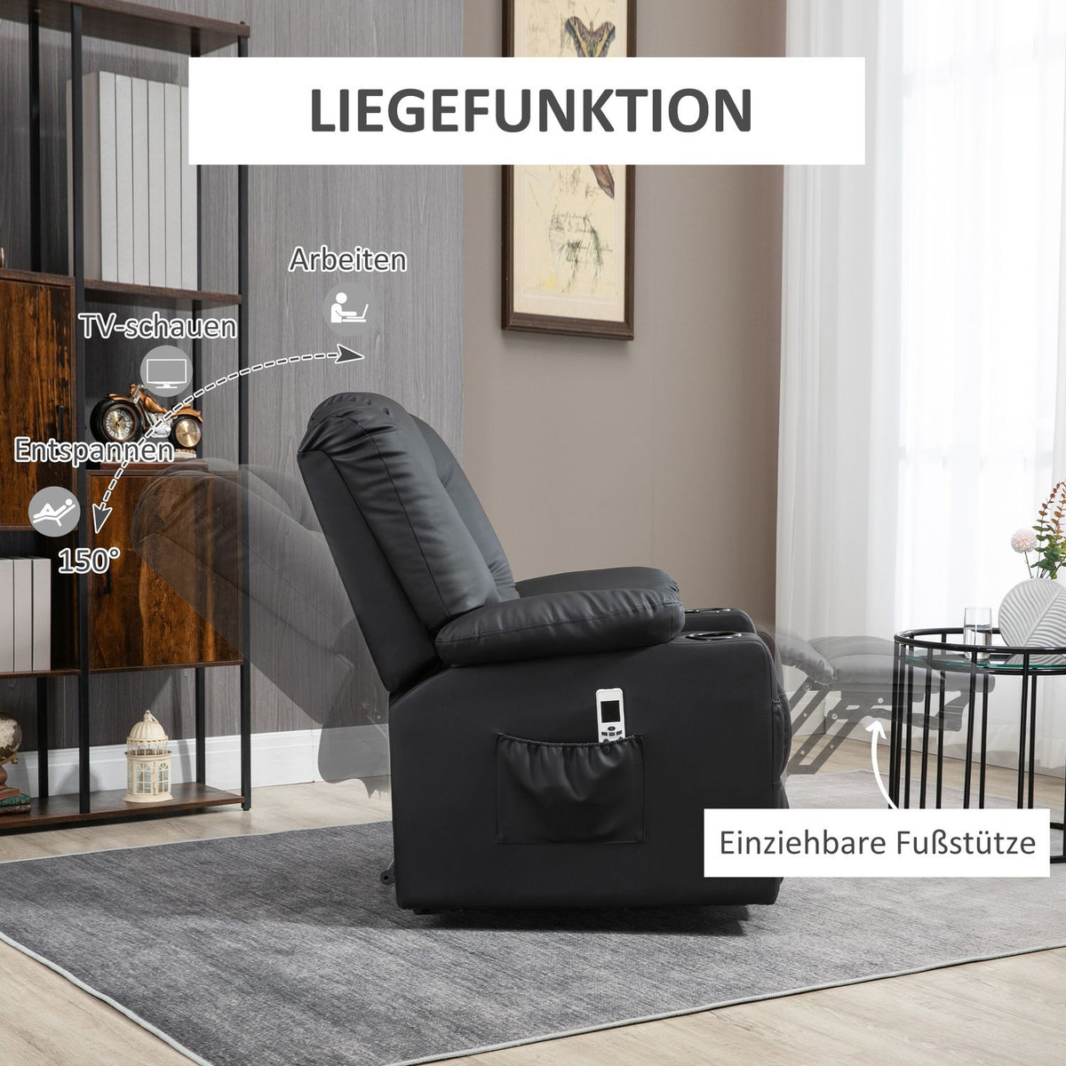 Massage Chair, Relaxation Chair With Stand-Up Aid, Tv Chair With Usb Port, With Reclining Function, Wheels, Remote Control, Up To 150 Kg, Black
