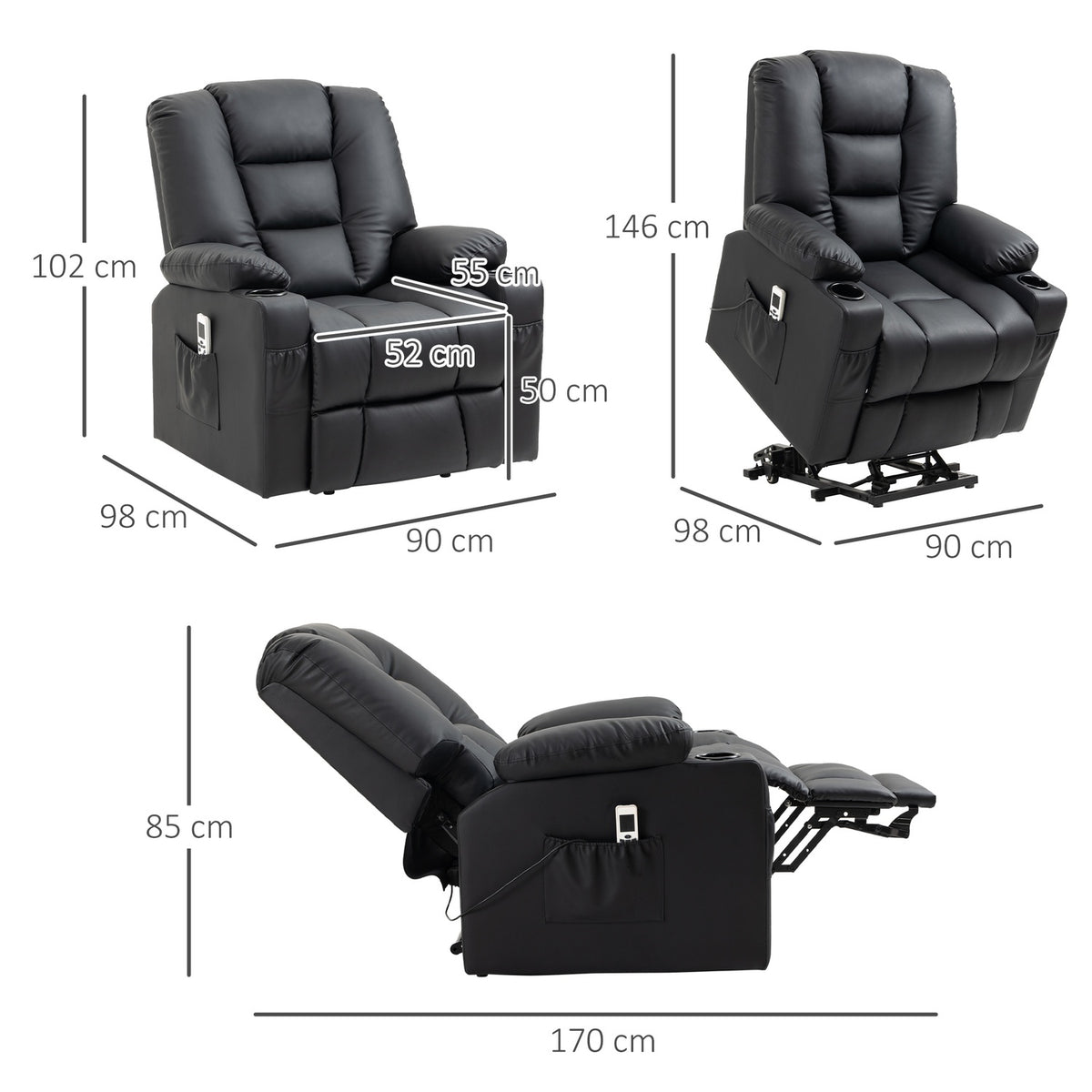 Massage Chair, Relaxation Chair With Stand-Up Aid, Tv Chair With Usb Port, With Reclining Function, Wheels, Remote Control, Up To 150 Kg, Black