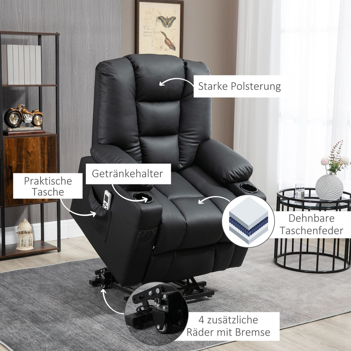 Massage Chair, Relaxation Chair With Stand-Up Aid, Tv Chair With Usb Port, With Reclining Function, Wheels, Remote Control, Up To 150 Kg, Black