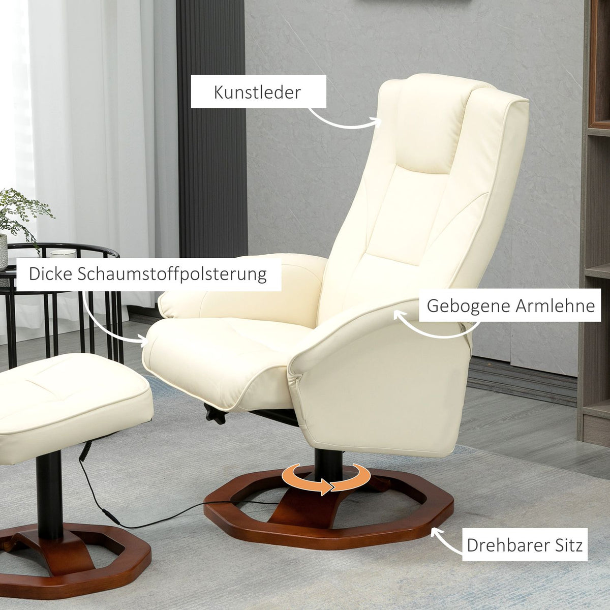 Massage Chair, Relaxation Lounger With Footstool, Tv Chair, Lounge Chair, 360° Rotatable, Faux Leather, Steel, Cream White + Brown, 73 X 83 X 106 Cm