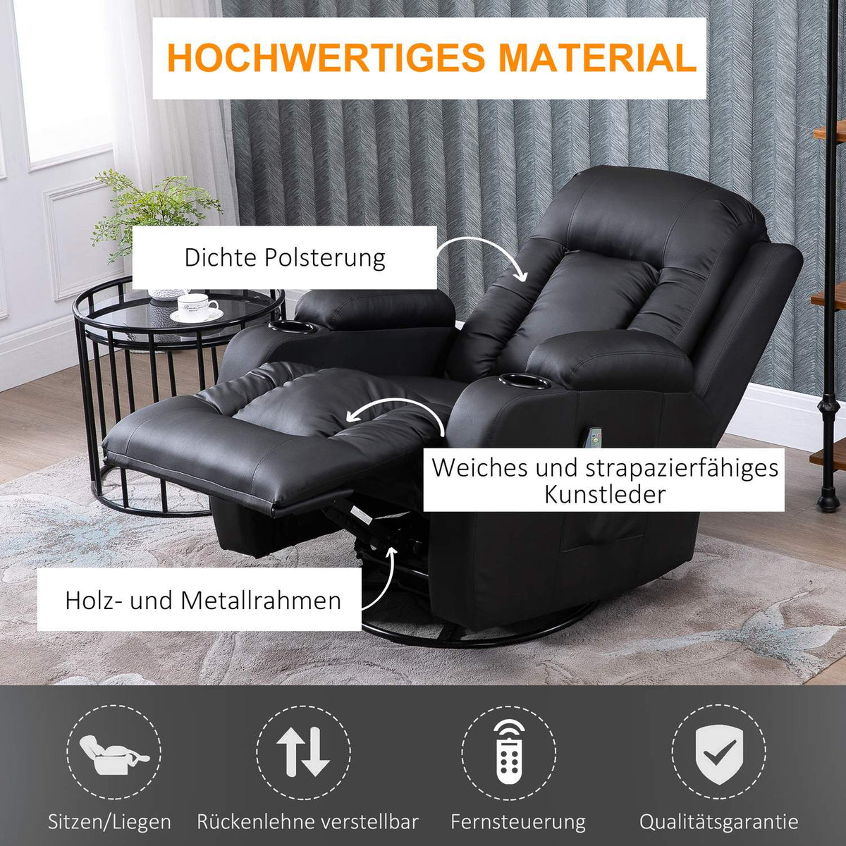 Massage Chair, Tv Chair, Relaxation Chair With Heat Function, Tv Chair With Reclining Function, Recliner With Remote Control, Cup Holder, Black