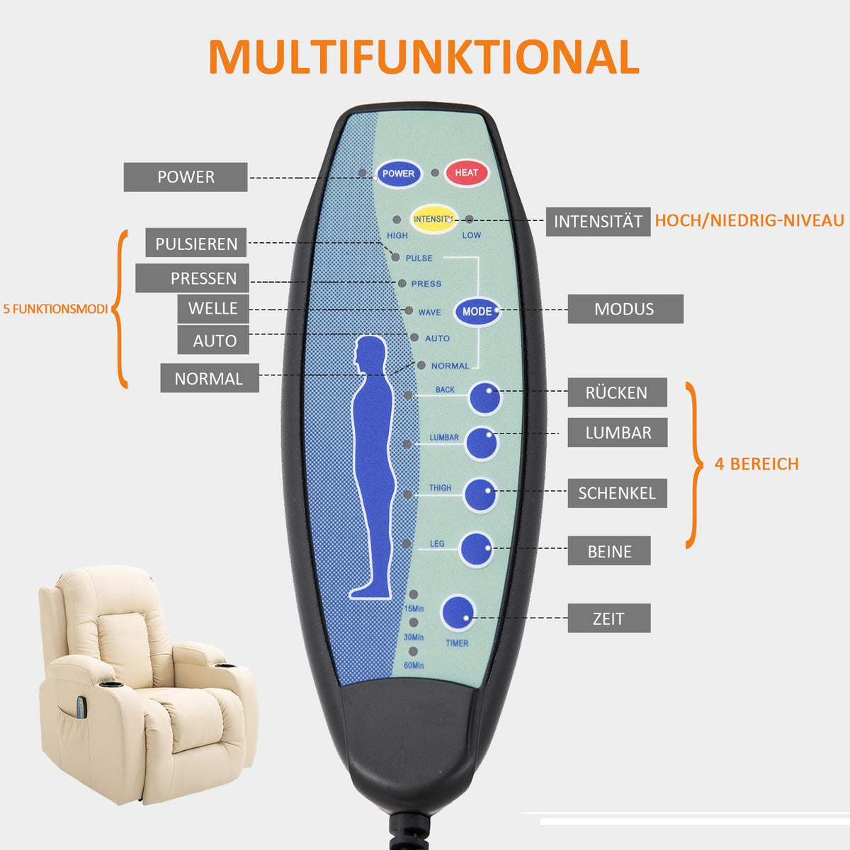 Massage Chair, Tv Chair, Relaxation Chair With Heat Function, Tv Chair With Reclining Function With Remote Control, Cup Holder, 85 X 94 X 104 Cm