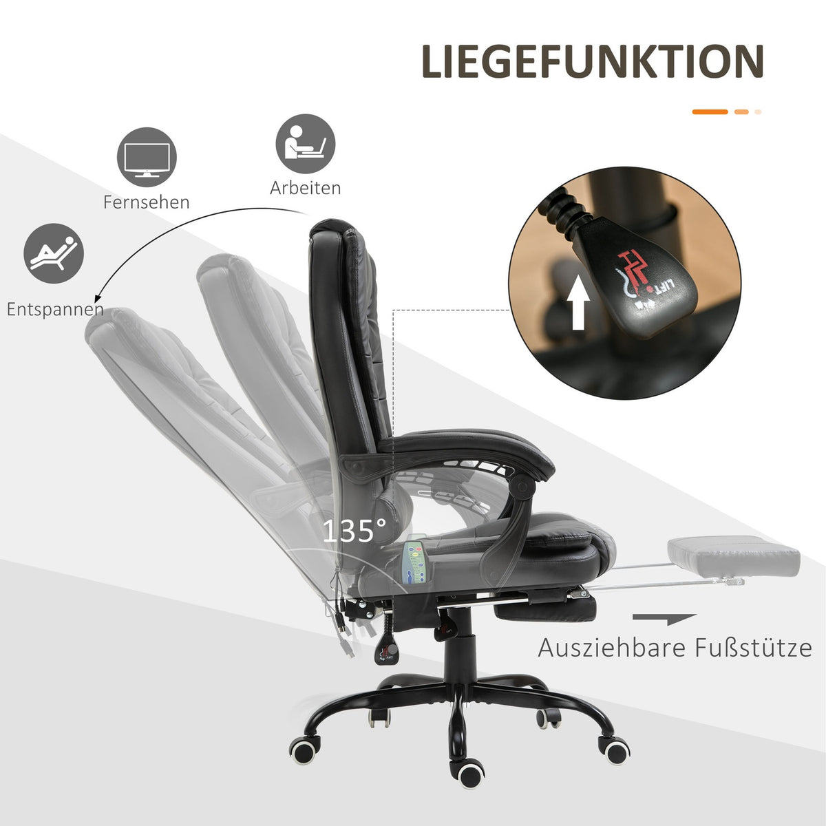 Massage Chair With 7 Points Executive Chair Height-Adjustable Swivel Chair With Integrated Footrest Lower Back Cushion 67 X 79 X 111-121 Cm