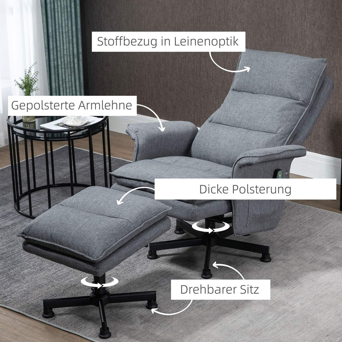 Massage Chair With Footstool, Electric Tv Chair With Massage Function, Remote Control, Swivel Relaxation Chair With Linen Look, Steel, Grey