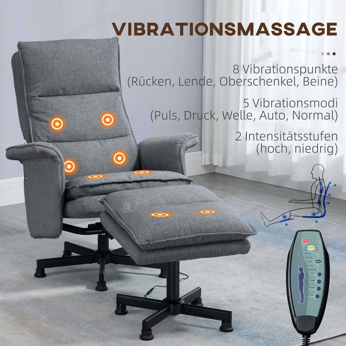 Massage Chair With Footstool, Electric Tv Chair With Massage Function, Remote Control, Swivel Relaxation Chair With Linen Look, Steel, Grey