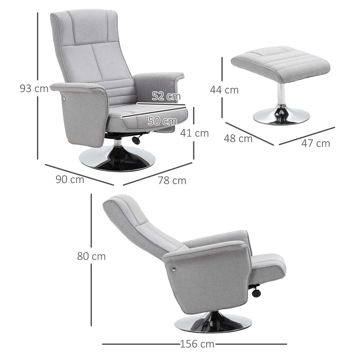 Massage Chair With Footstool, Electric Tv Chair With Reclining Function, Remote Control, Linen Look, Steel, Light Grey
