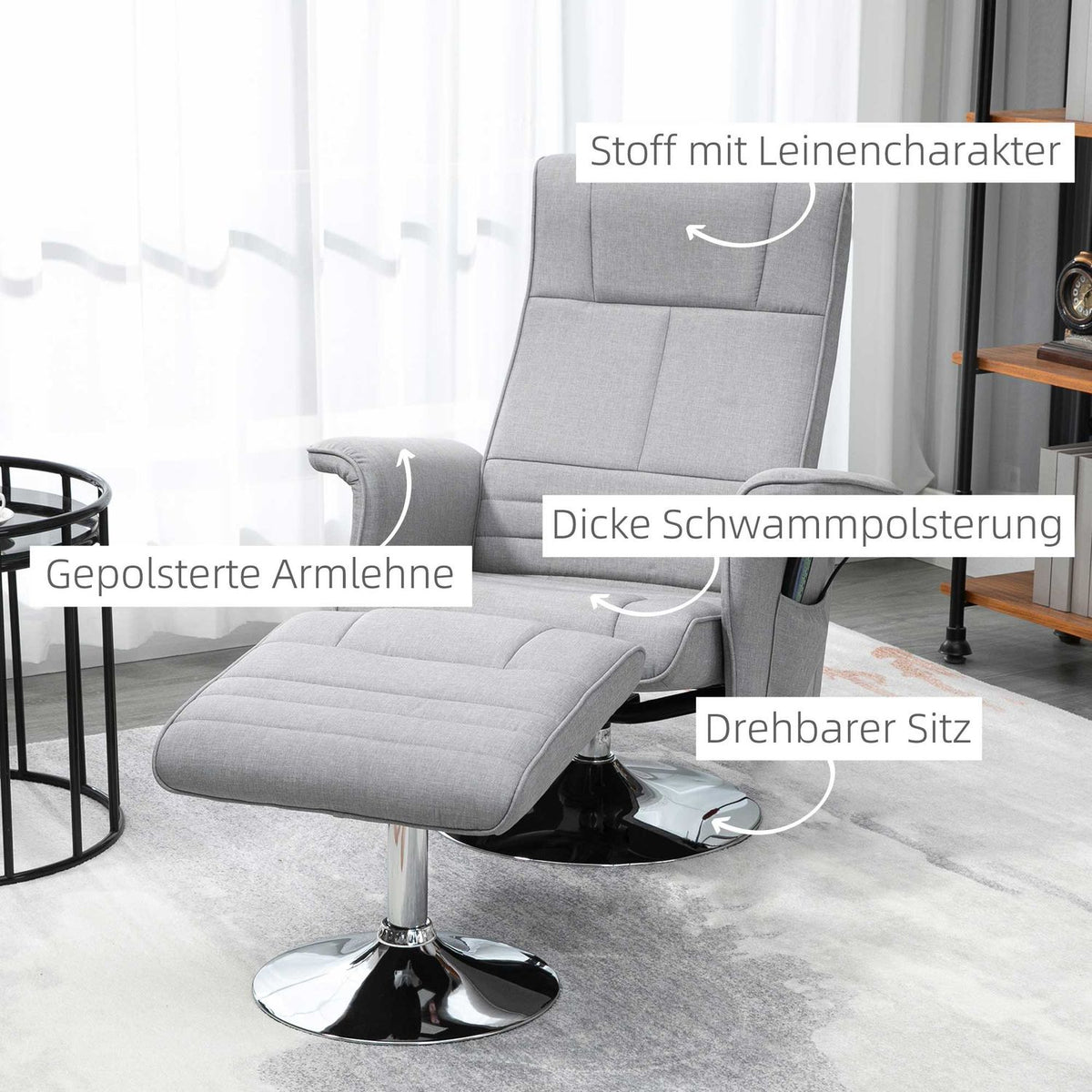 Massage Chair With Footstool, Electric Tv Chair With Reclining Function, Remote Control, Linen Look, Steel, Light Grey