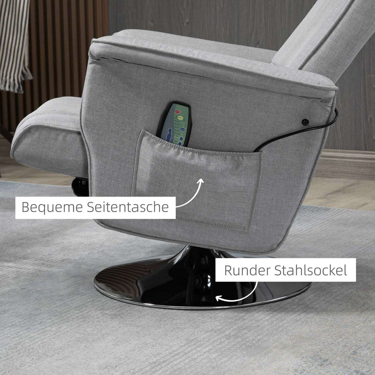 Massage Chair With Footstool, Electric Tv Chair With Reclining Function, Remote Control, Linen Look, Steel, Light Grey