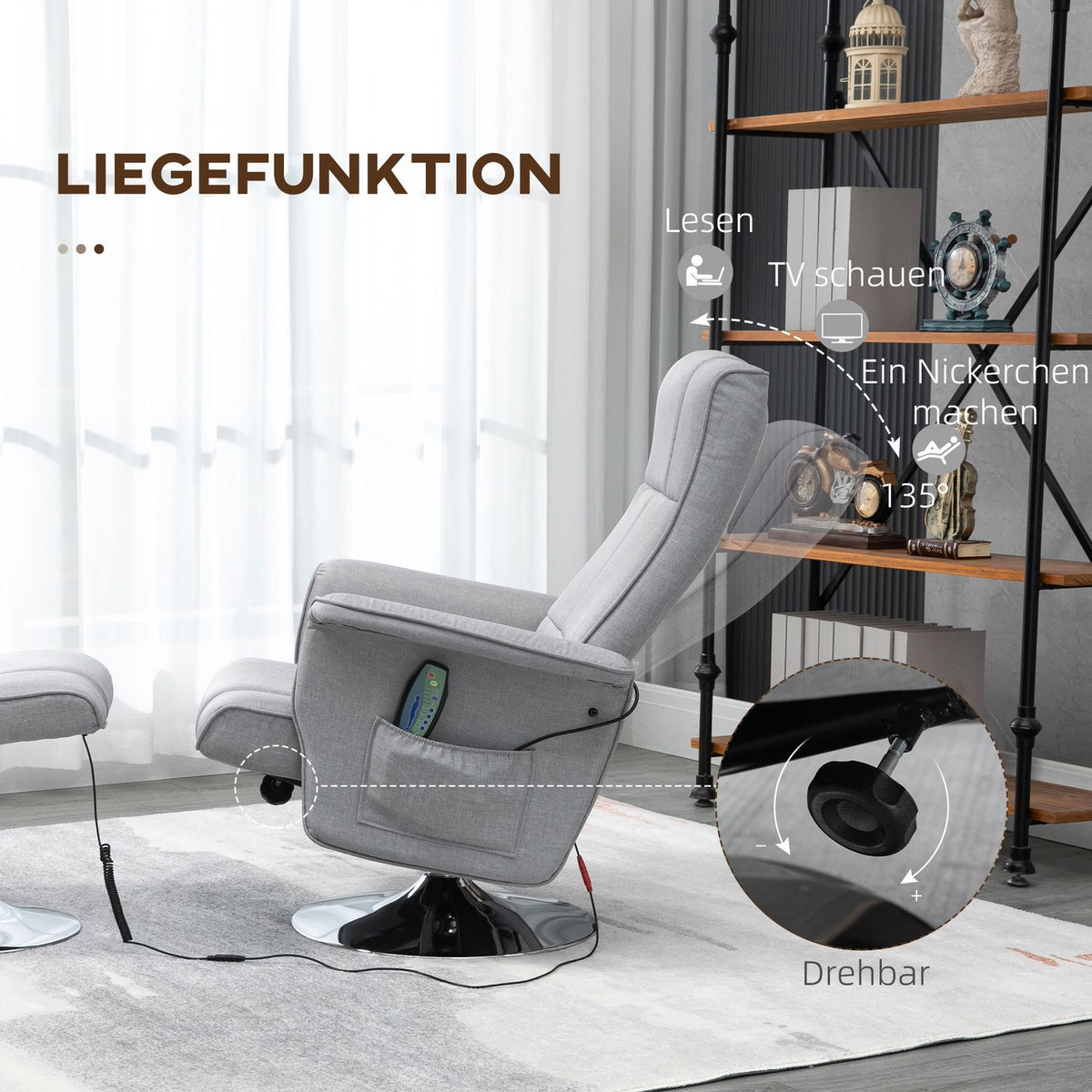 Massage Chair With Footstool, Electric Tv Chair With Reclining Function, Remote Control, Linen Look, Steel, Light Grey