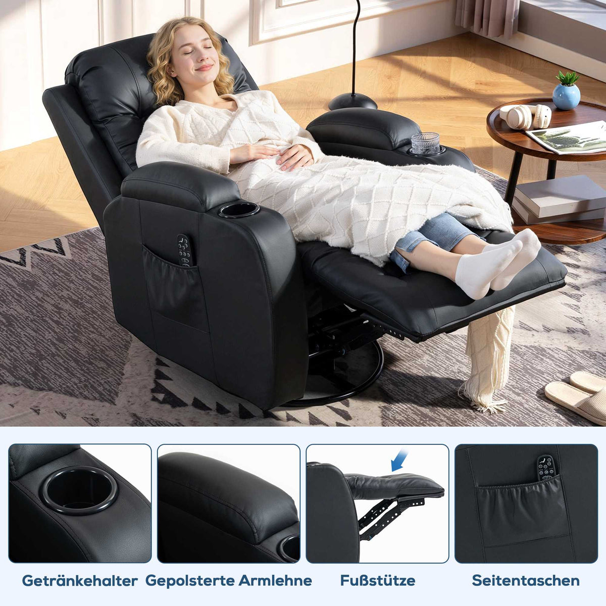 Massage Chair with Heat, Recline & Swivel – Black