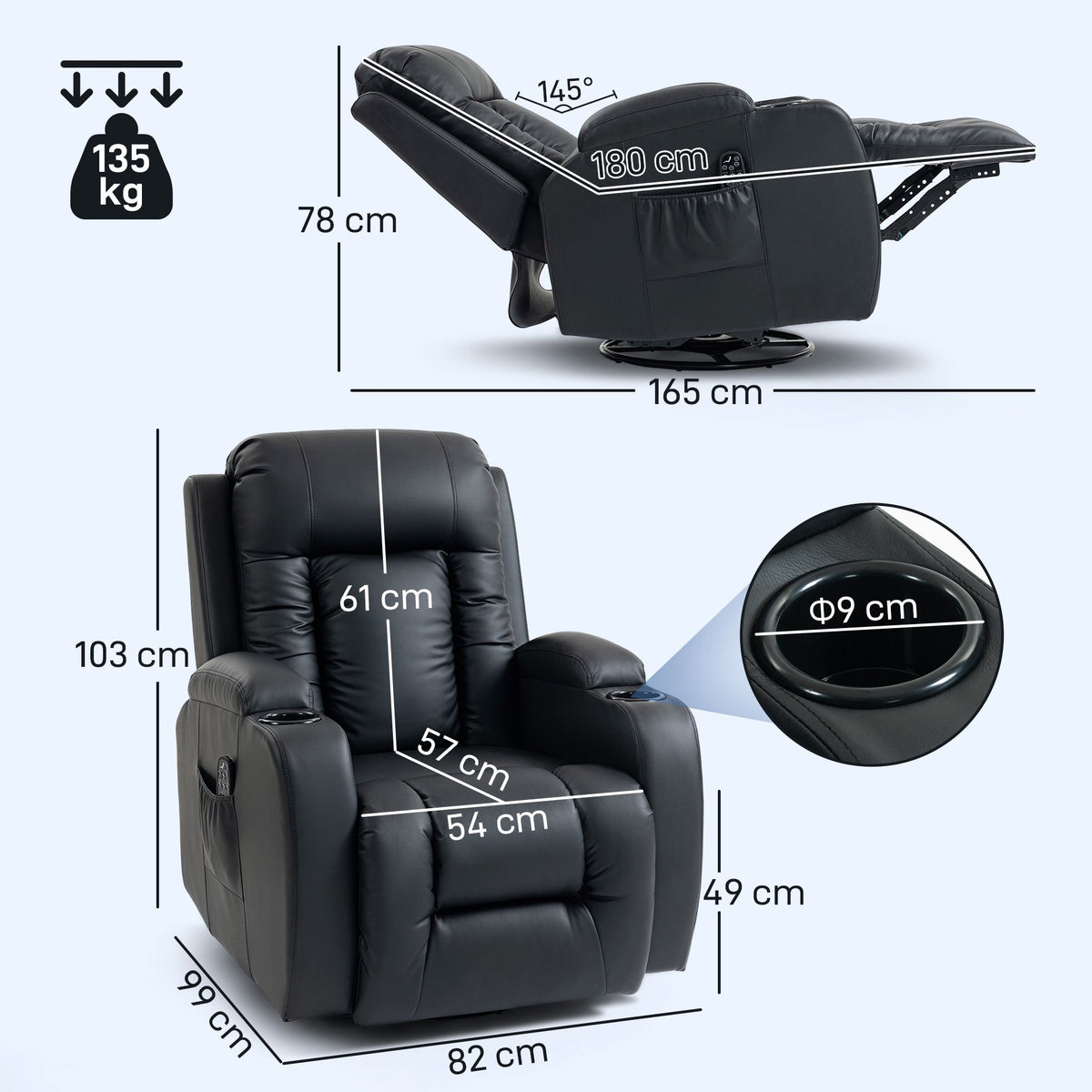 Massage Chair with Heat, Recline & Swivel – Black