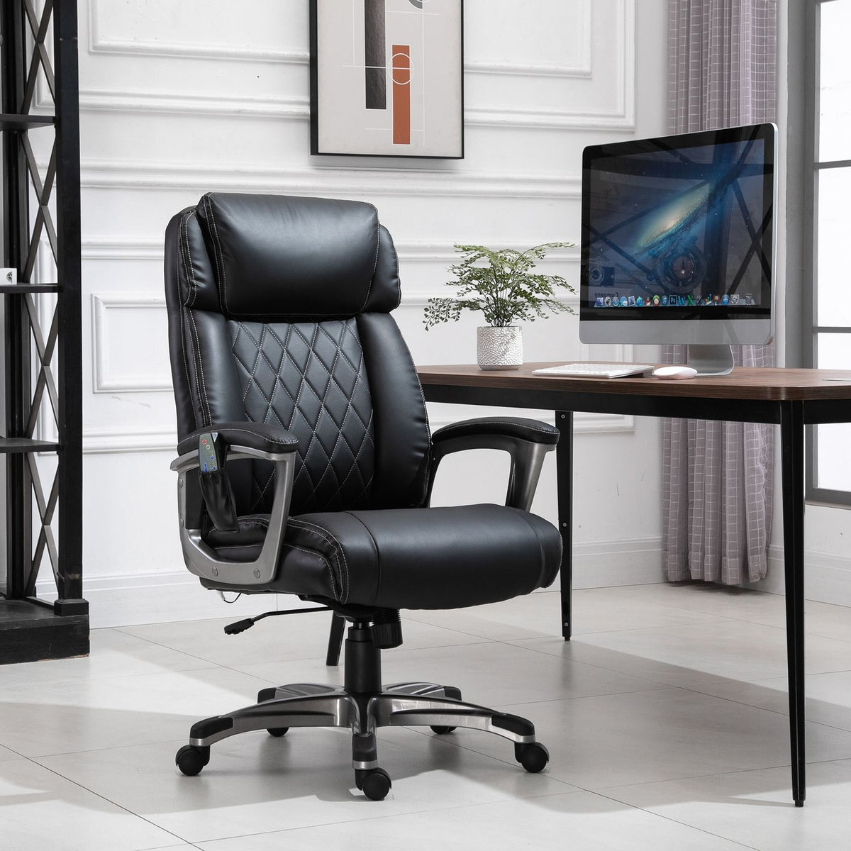 Massage Office Chair 6-Point Massage Swivel Chair Faux Leather With Headrest Black 70X76.5X114-124Cm