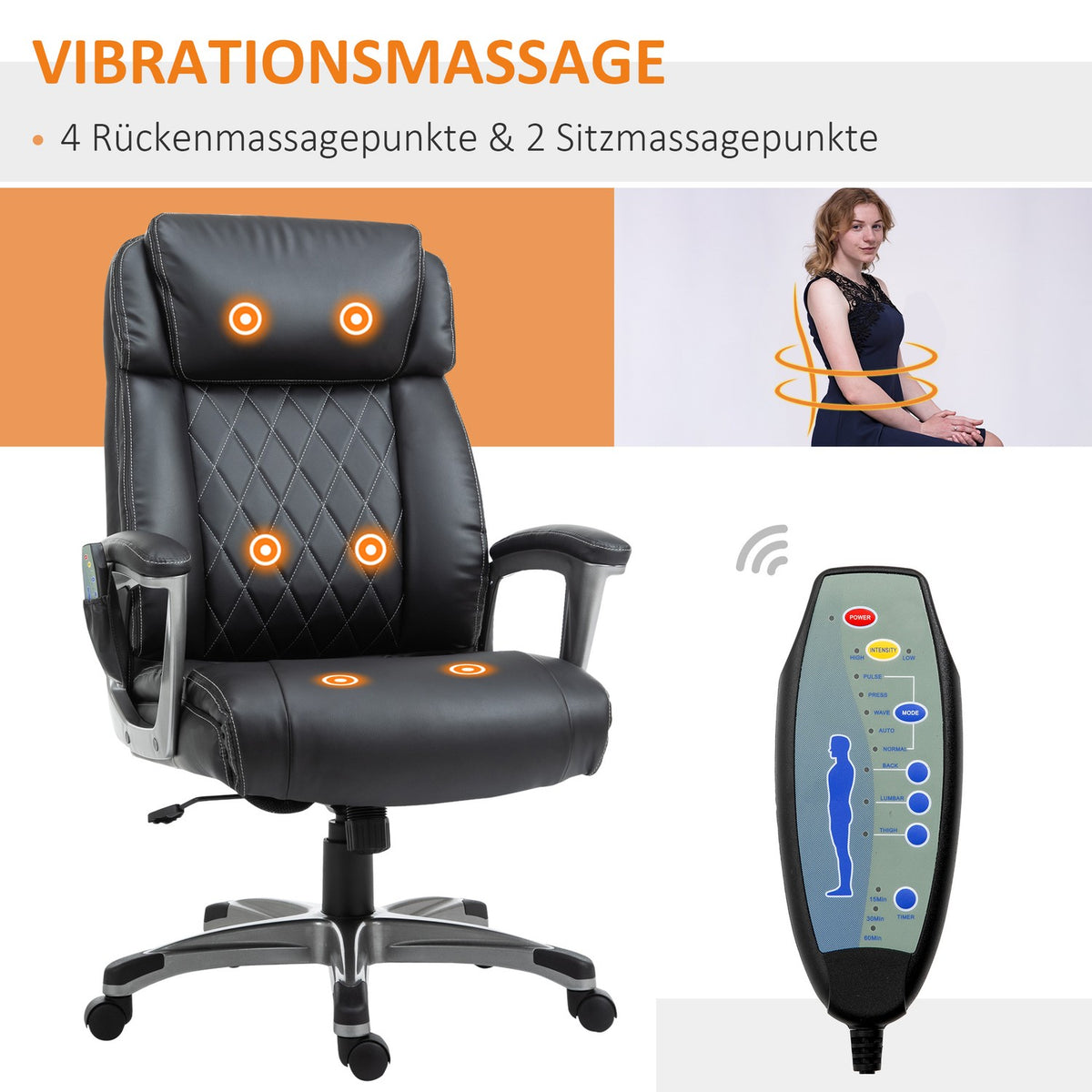 Massage Office Chair 6-Point Massage Swivel Chair Faux Leather With Headrest Black 70X76.5X114-124Cm