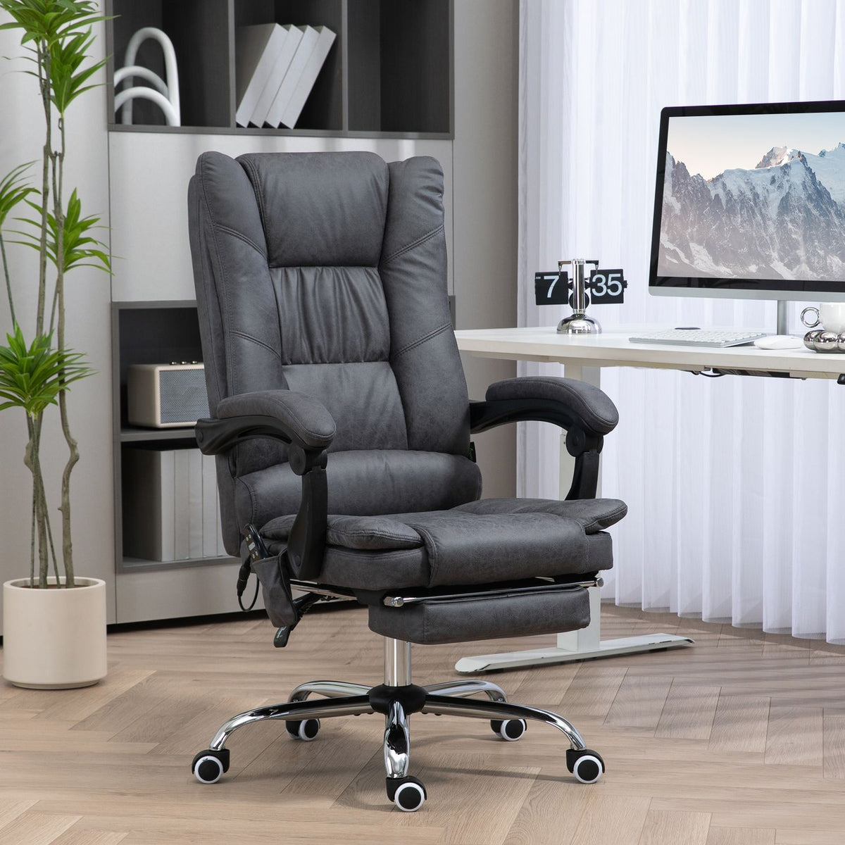 Massage Office Chair Desk Chair With Heating Function, Reclining Function, Height Adjustable 111-119Cm, Footrest, Microfiber, Dark Gray