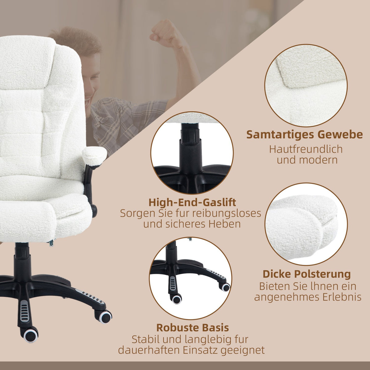Massage Office Chair With Rocker Function, Desk Chair, Height Adjustable With Heating Function, Reclining Function, With Footrest, Teddy Velvet, White