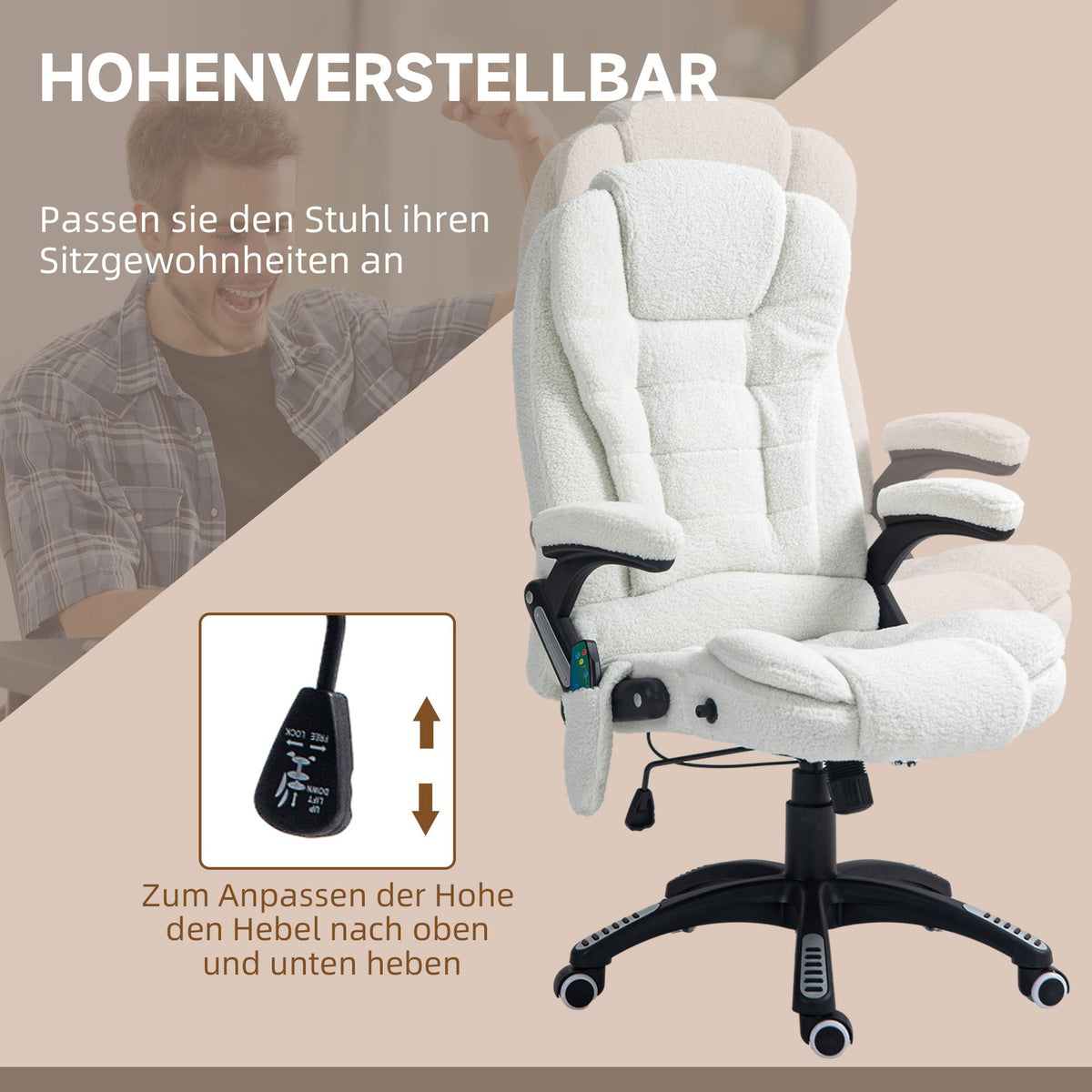 Massage Office Chair With Rocker Function, Desk Chair, Height Adjustable With Heating Function, Reclining Function, With Footrest, Teddy Velvet, White