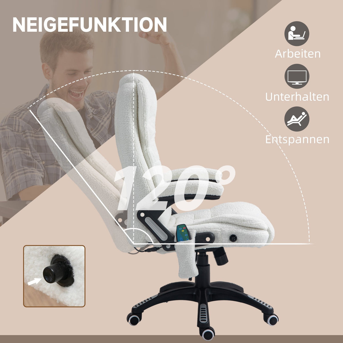 Massage Office Chair With Rocker Function, Desk Chair, Height Adjustable With Heating Function, Reclining Function, With Footrest, Teddy Velvet, White