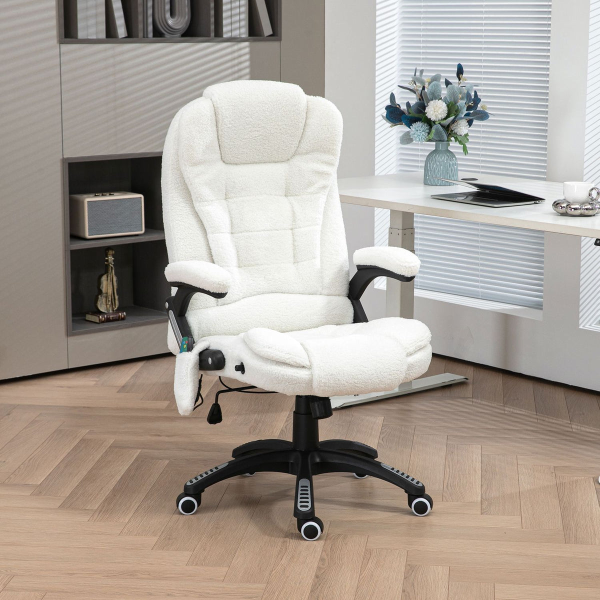 Massage Office Chair With Rocker Function, Desk Chair, Height Adjustable With Heating Function, Reclining Function, With Footrest, Teddy Velvet, White