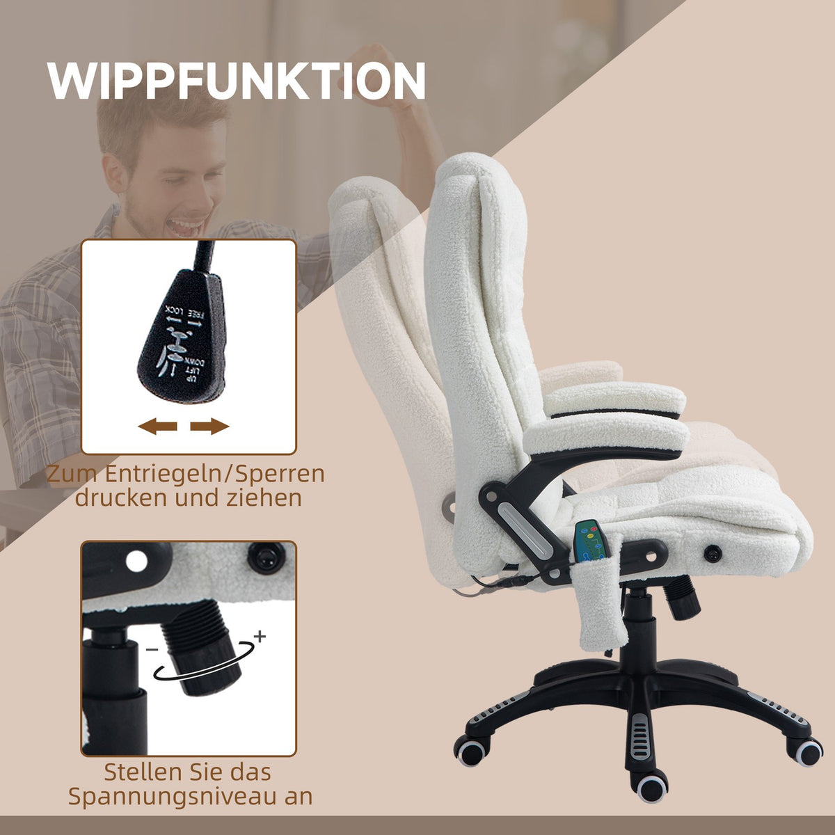 Massage Office Chair With Rocker Function, Desk Chair, Height Adjustable With Heating Function, Reclining Function, With Footrest, Teddy Velvet, White