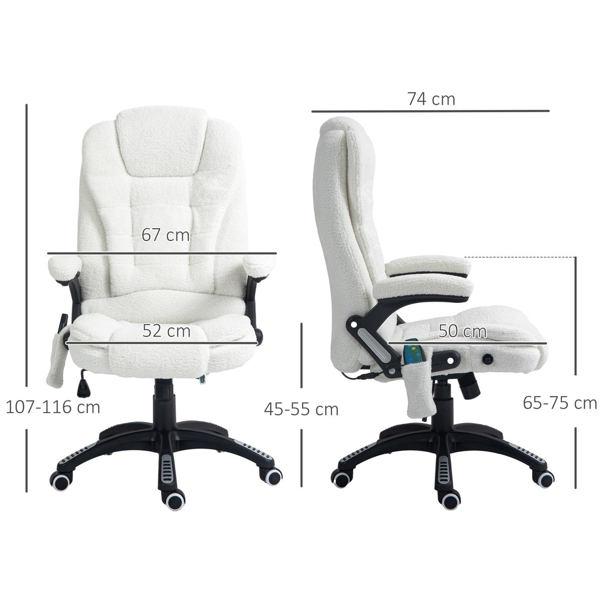 Massage Office Chair With Rocker Function, Desk Chair, Height Adjustable With Heating Function, Reclining Function, With Footrest, Teddy Velvet, White