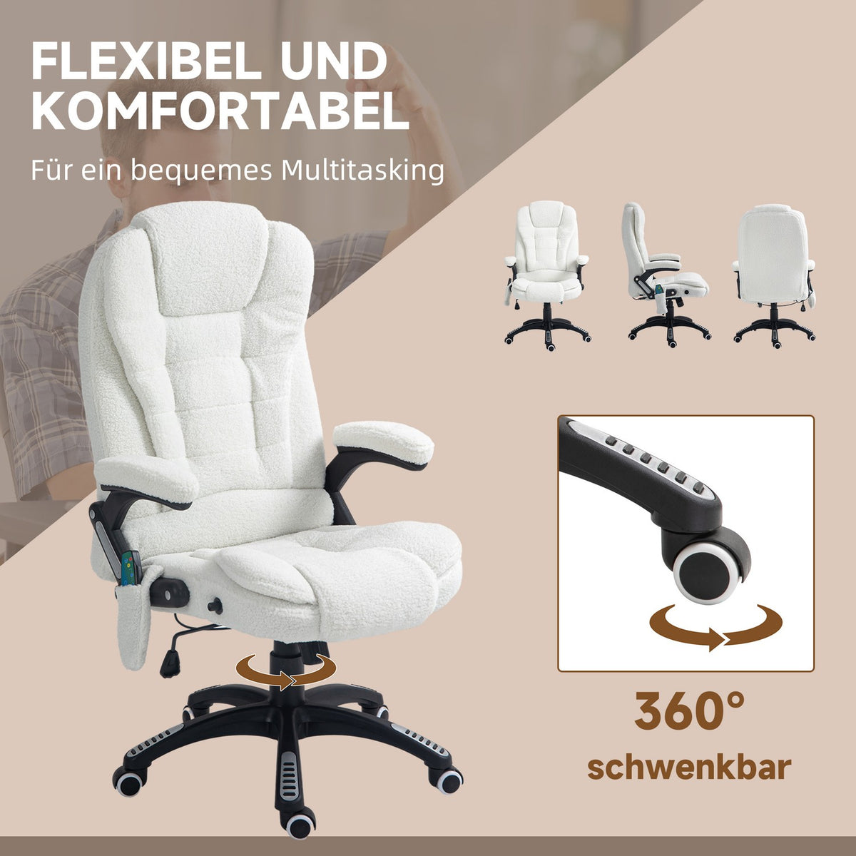 Massage Office Chair With Rocker Function, Desk Chair, Height Adjustable With Heating Function, Reclining Function, With Footrest, Teddy Velvet, White